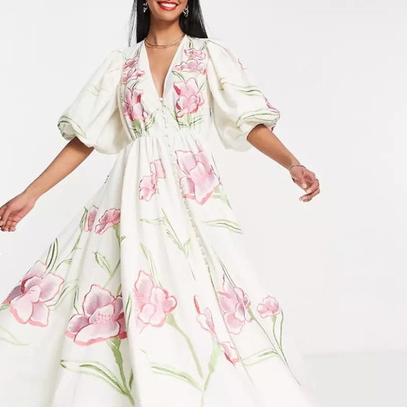 ASOS EDITION button front bright floral embroidered midi dress - Picture 4 of 4